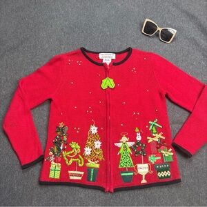 VTG Tiara International Red Christmas Cardigan Zip Up 3D Details Sz M Angel